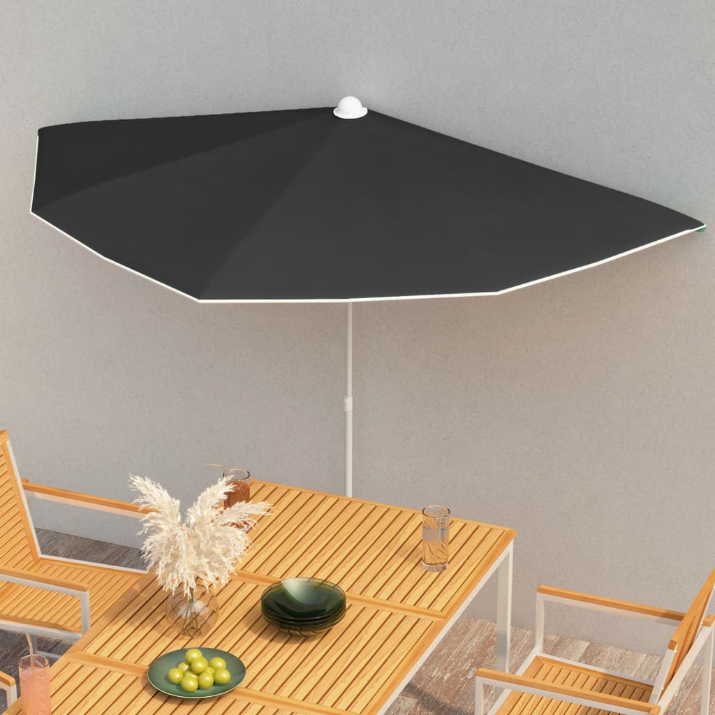 Guarda-sol semicircular com mastro 180x90 cm preto