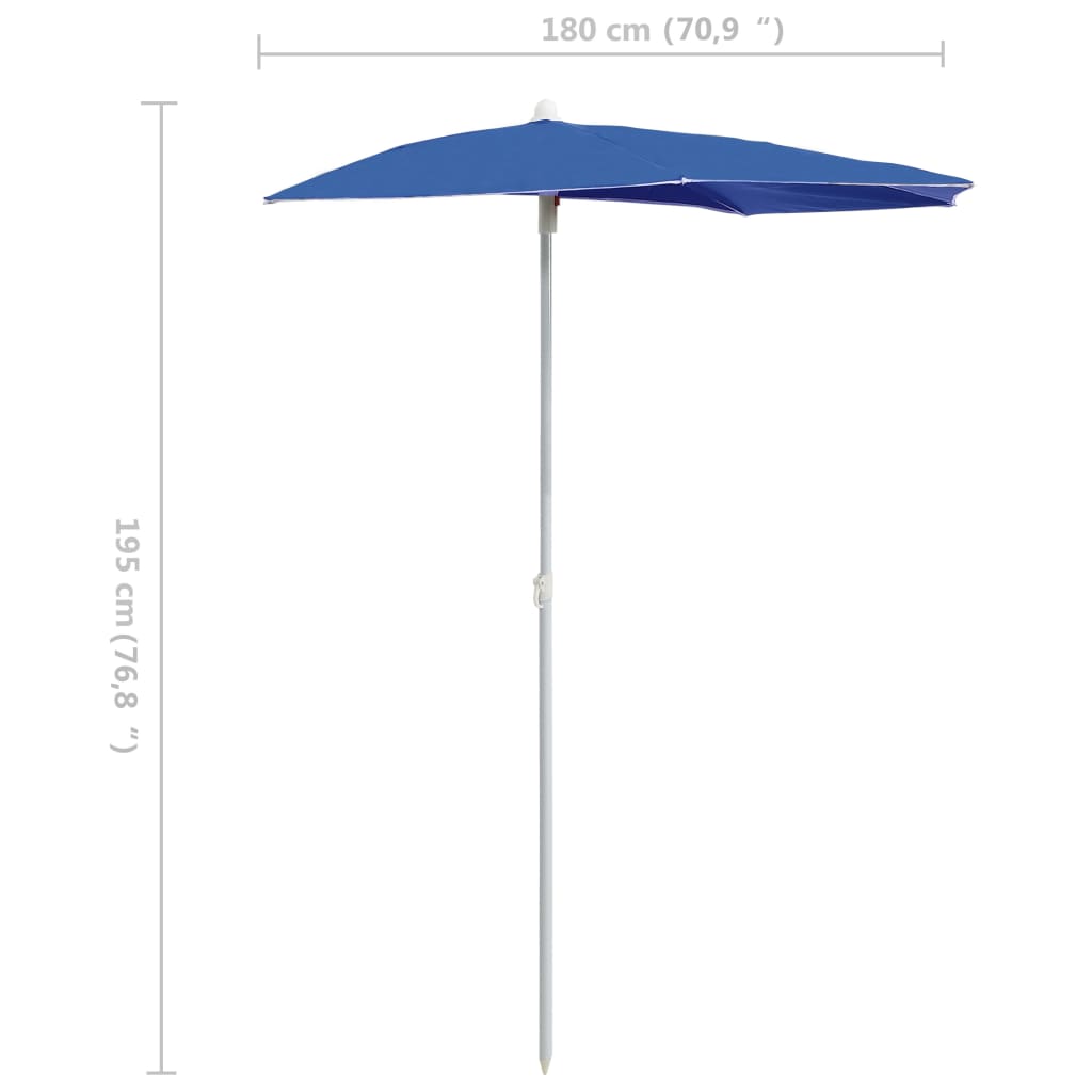 Guarda-sol semicircular com mastro 180x90 cm azul-ciano