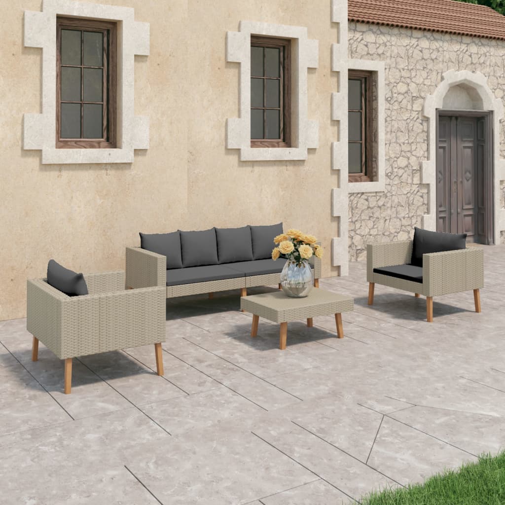 4 pcs conjunto lounge de jardim c/ almofadões vime PE bege