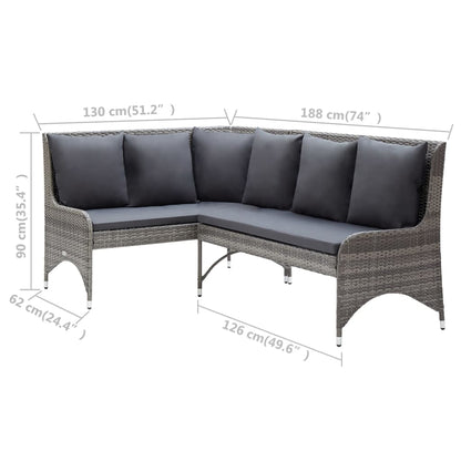 3 pcs conjunto lounge de jardim c/ almofadões vime PE cinzento