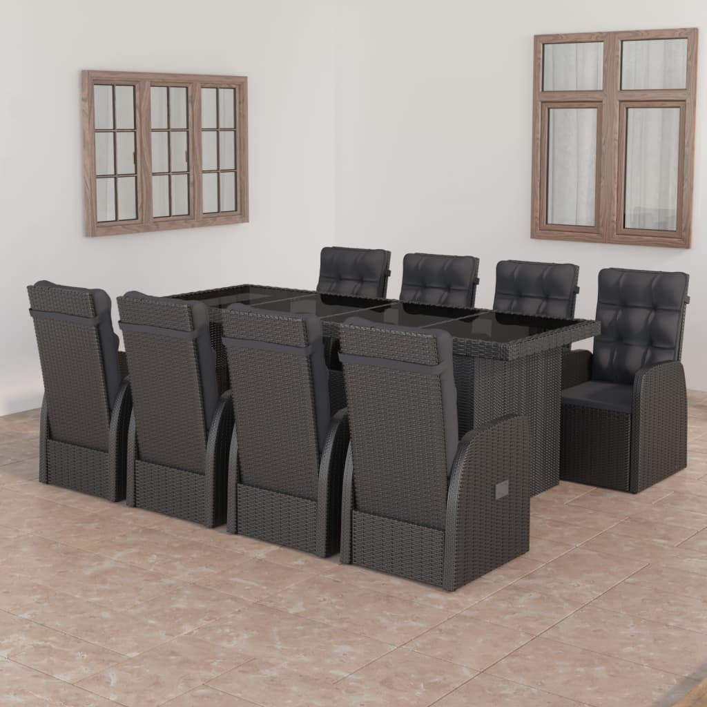 9 pcs conjunto jantar exterior com almofadões vime PE preto