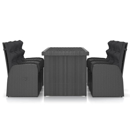 7 pcs conjunto jantar exterior com almofadões vime PE preto