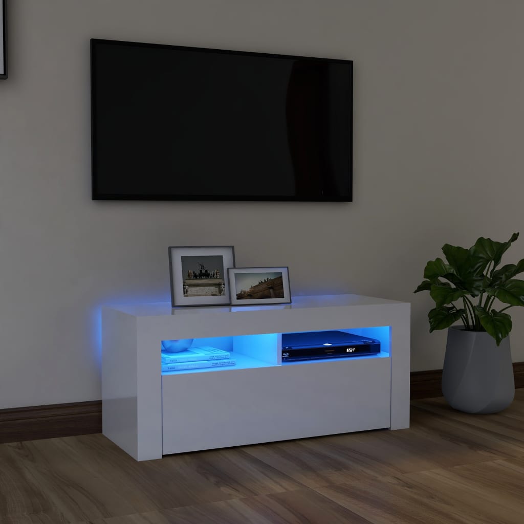 Móvel de TV Ibere com Luzes LED - 90cm - Branco Brilhante- Design Moderno