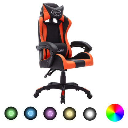 Cadeira estilo corrida luzes LED RGB couro artif. laranja/preto