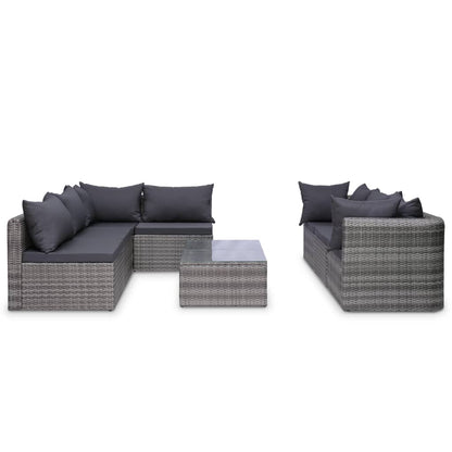 9 pcs conjunto lounge de jardim c/ almofadões vime PE cinzento