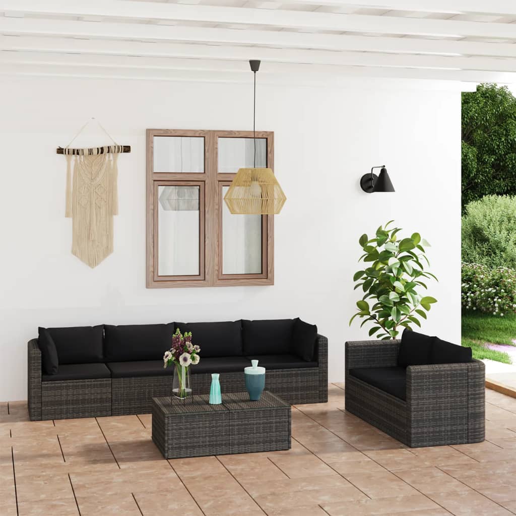 7 pcs conjunto lounge de jardim c/ almofadões vime PE cinzento