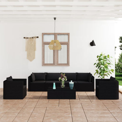 7 pcs conjunto lounge de jardim c/ almofadões vime PE preto