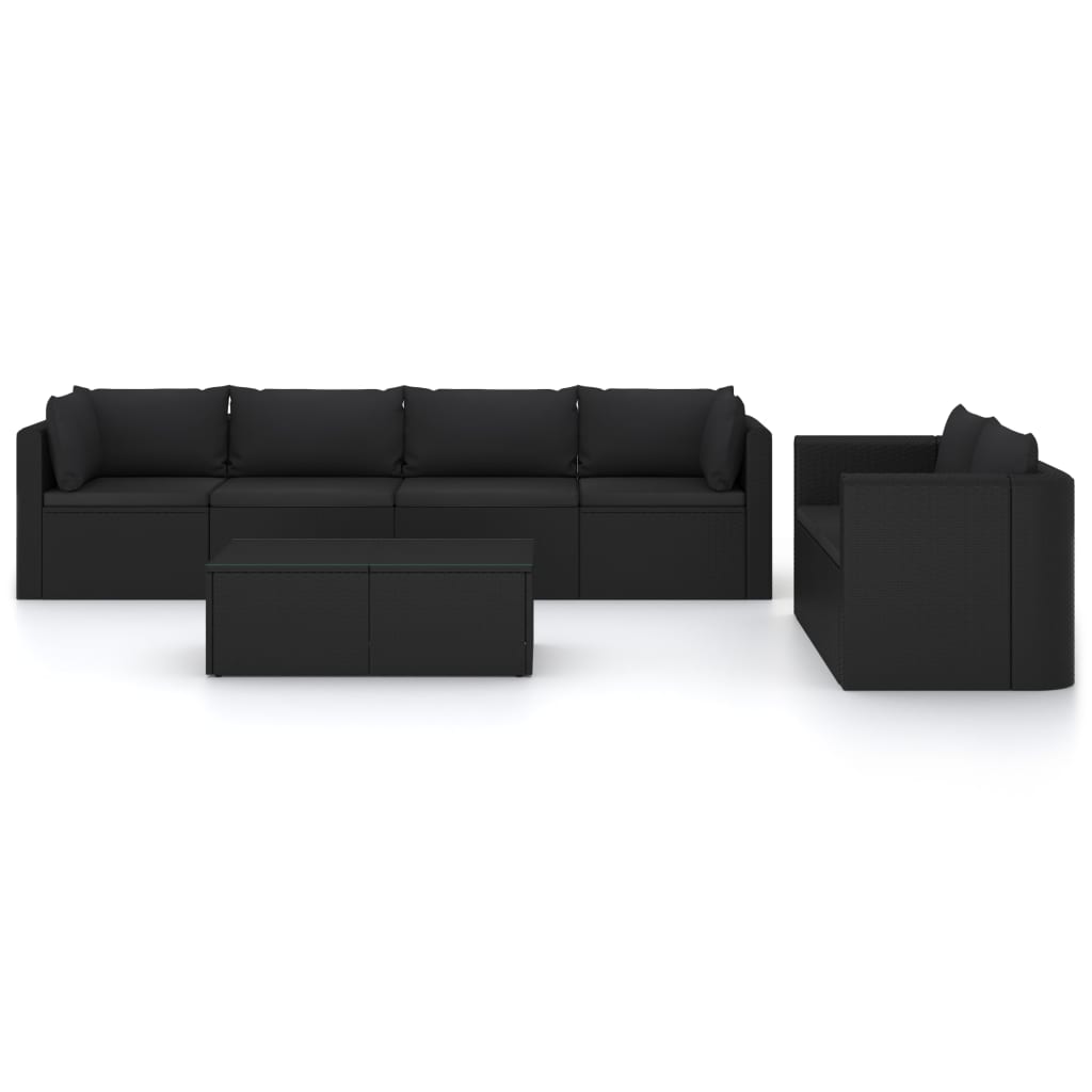 7 pcs conjunto lounge de jardim c/ almofadões vime PE preto