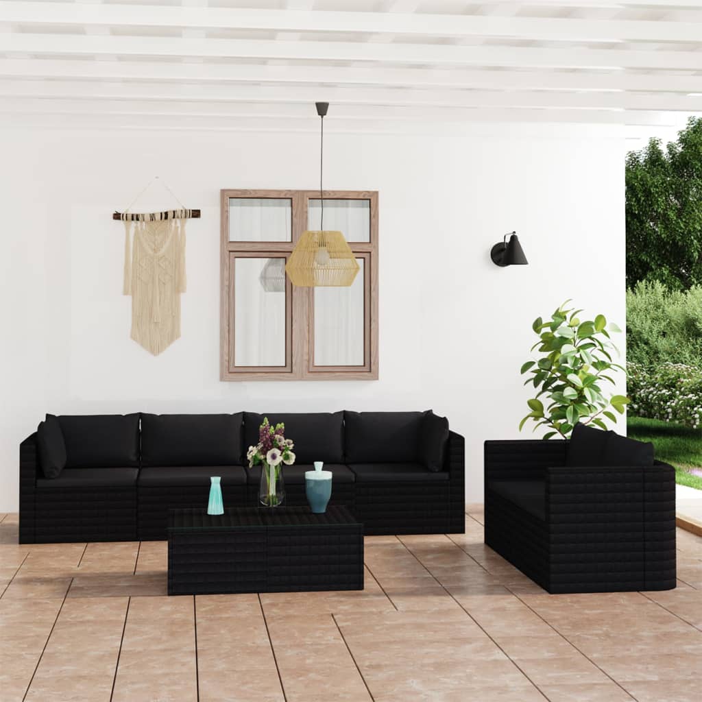 7 pcs conjunto lounge de jardim c/ almofadões vime PE preto