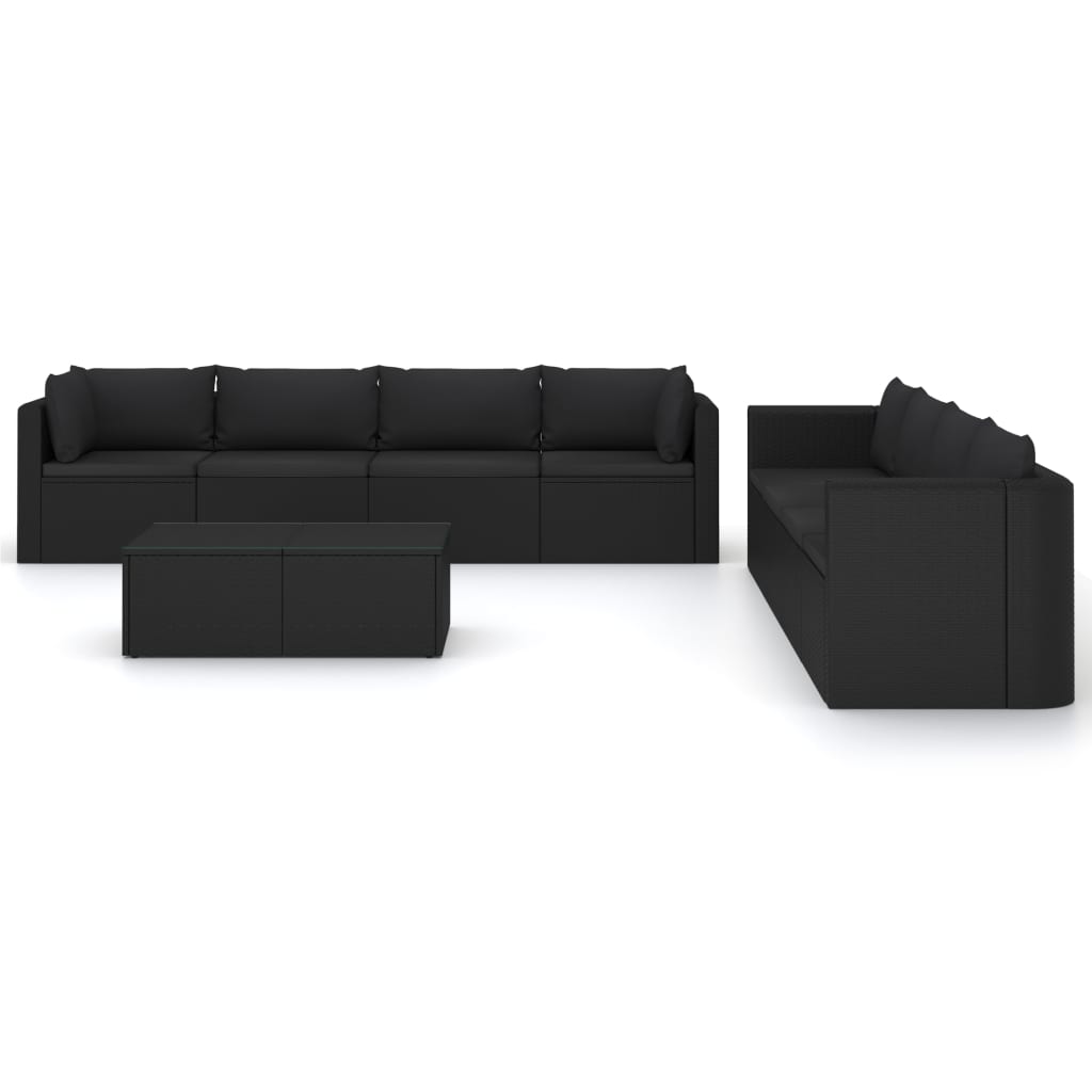 9 pcs conjunto lounge de jardim c/ almofadões vime PE preto