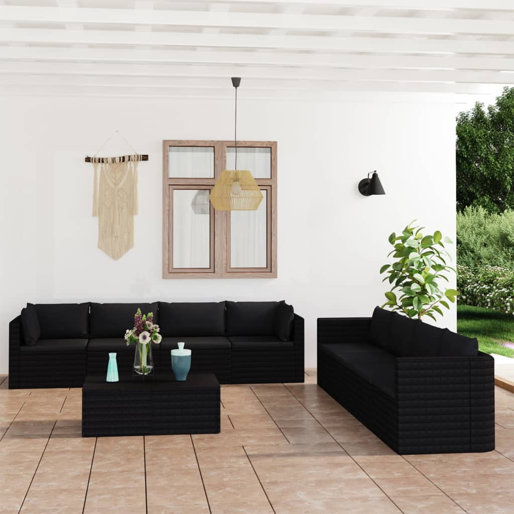 9 pcs conjunto lounge de jardim c/ almofadões vime PE preto