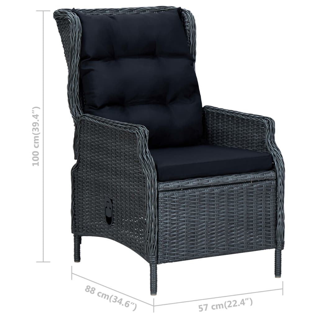 3 pcs conj. lounge jardim c/ almofadões vime PE cinzento-escuro