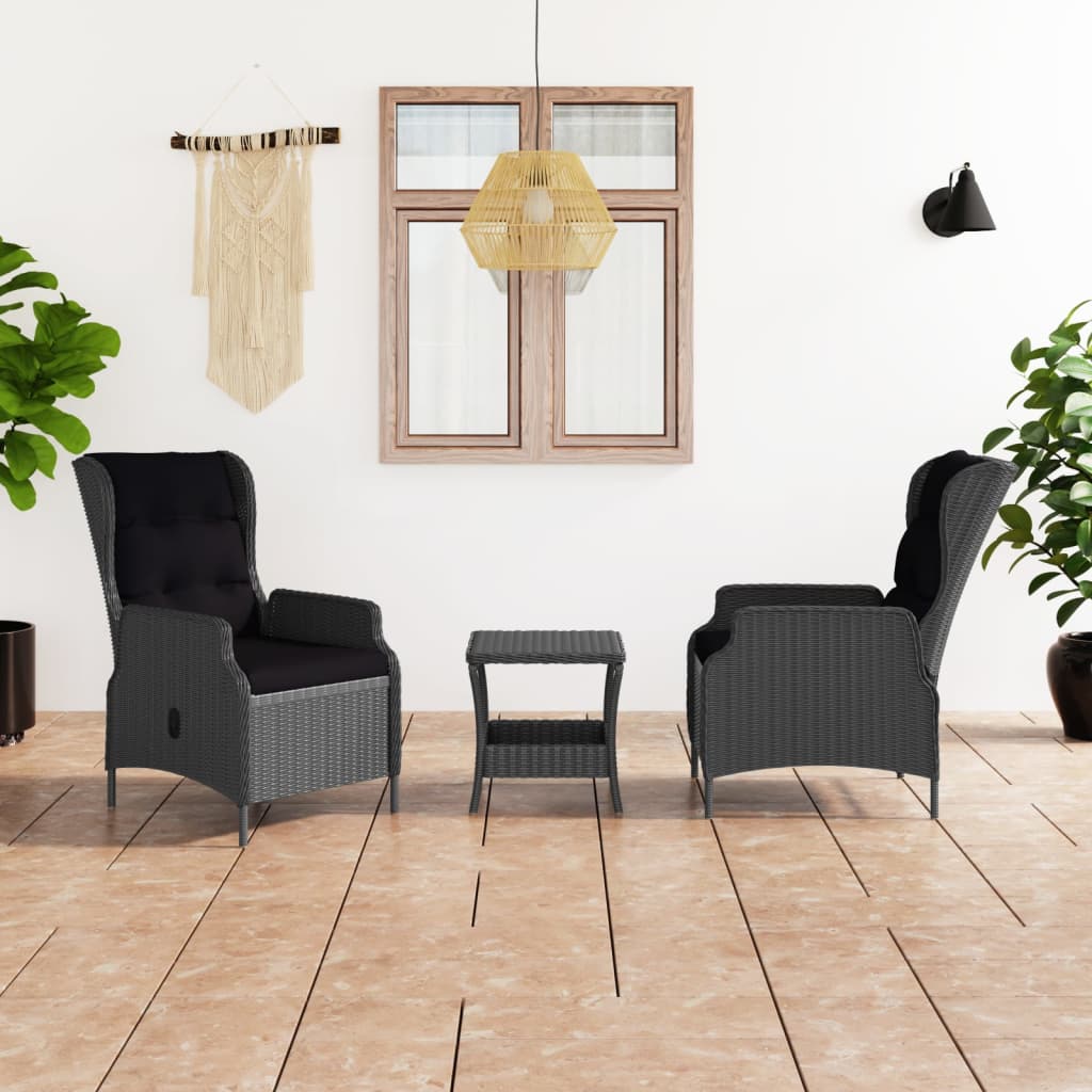 3 pcs conj. lounge jardim c/ almofadões vime PE cinzento-escuro