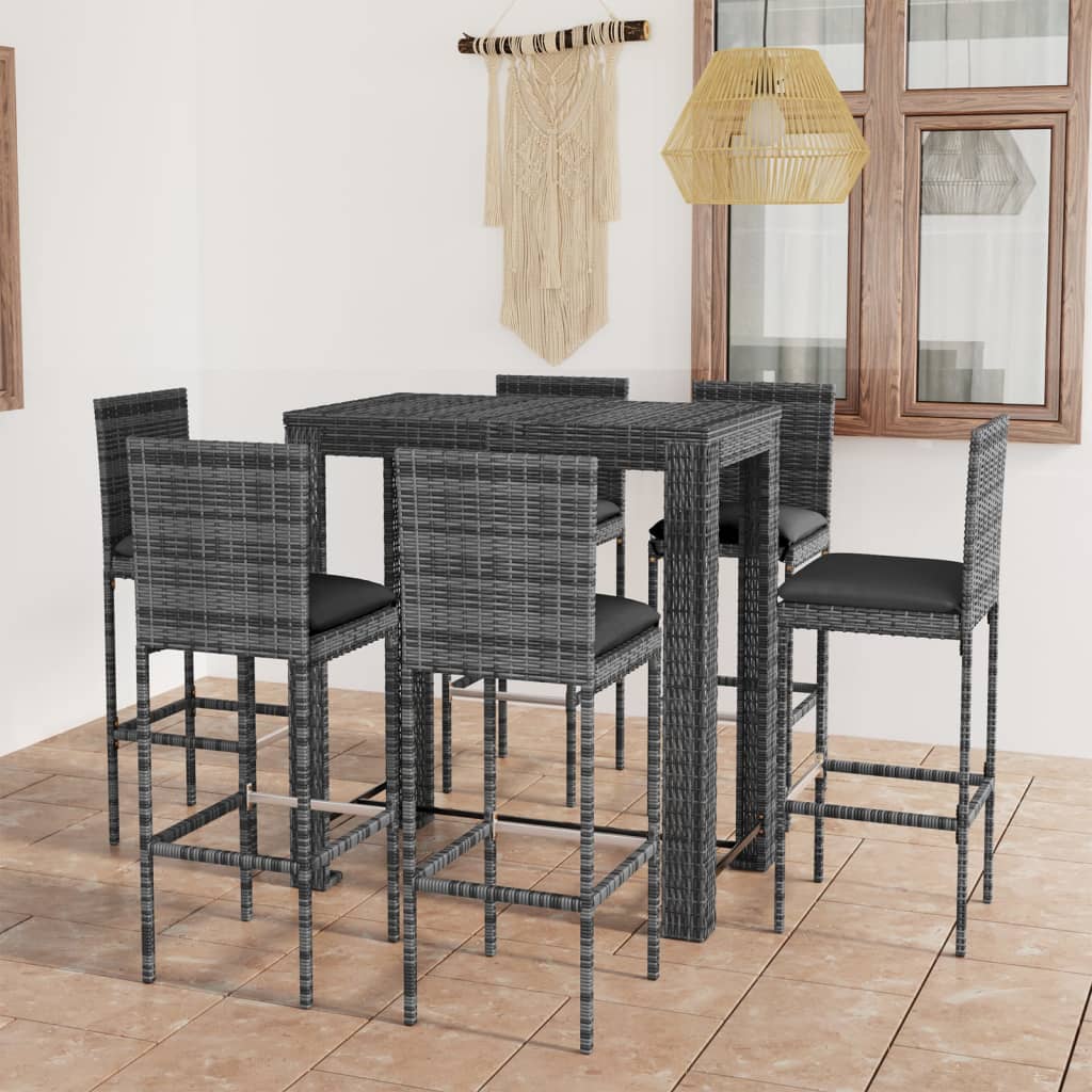 7 pcs conjunto de bar p/ exterior + almofadões vime PE cinzento