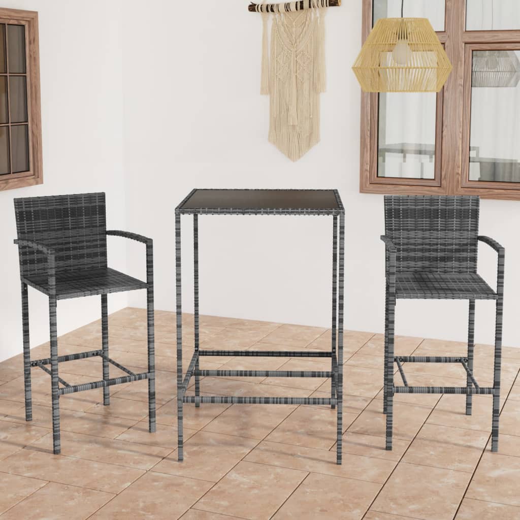 3 pcs conjunto de bar para jardim vime PE cinzento