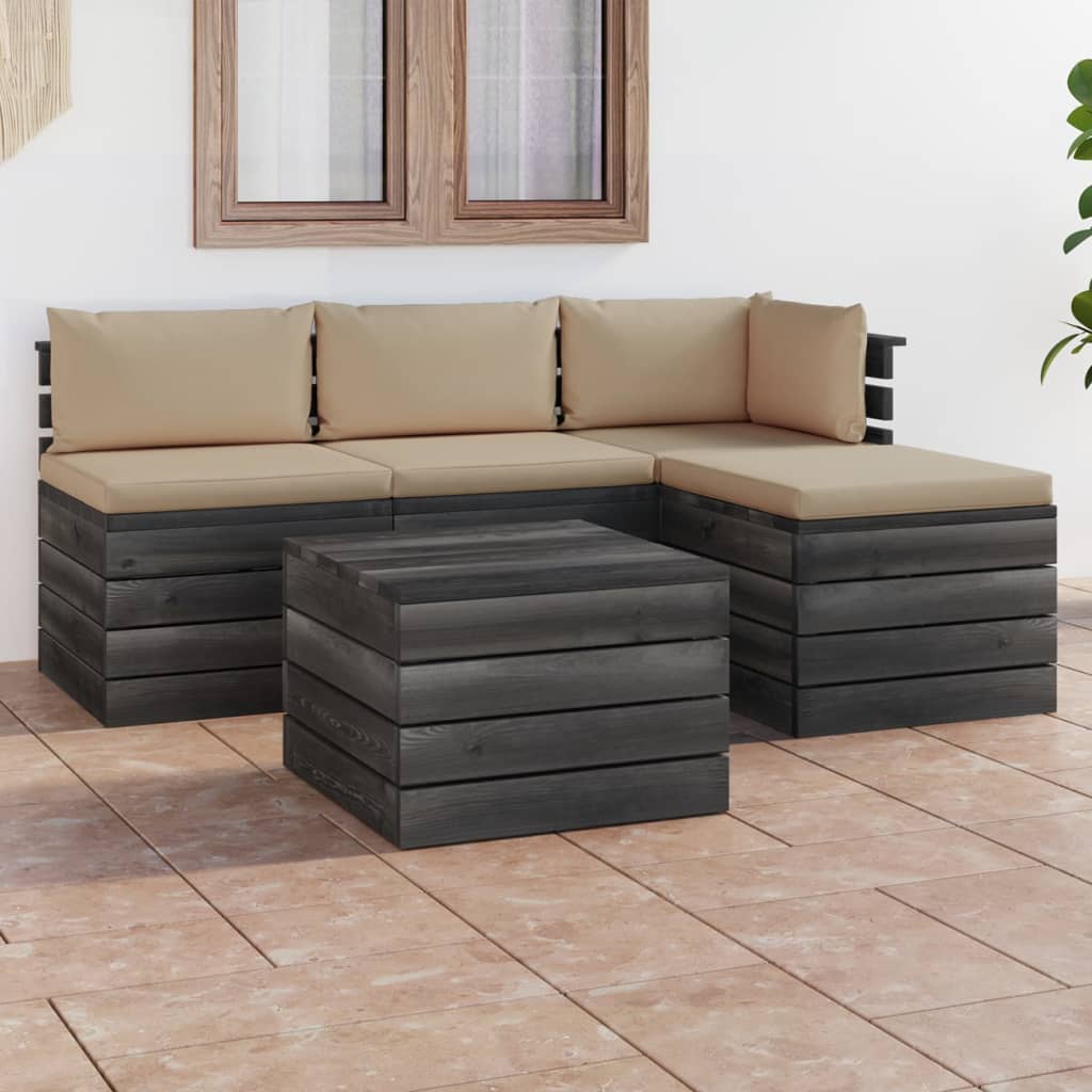 5 pcs conjunto lounge de paletes + almofadões madeira de pinho