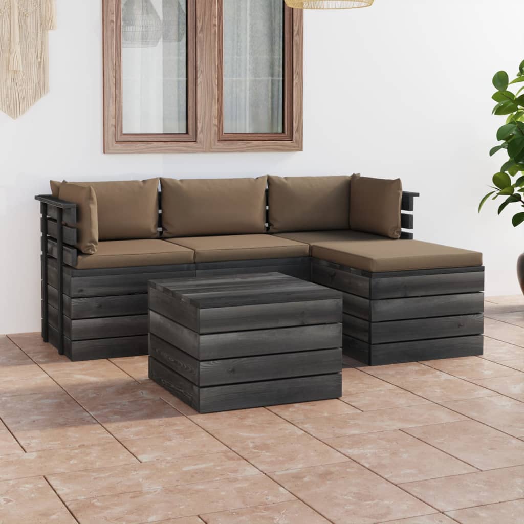 5 pcs conjunto lounge de paletes + almofadões madeira de pinho