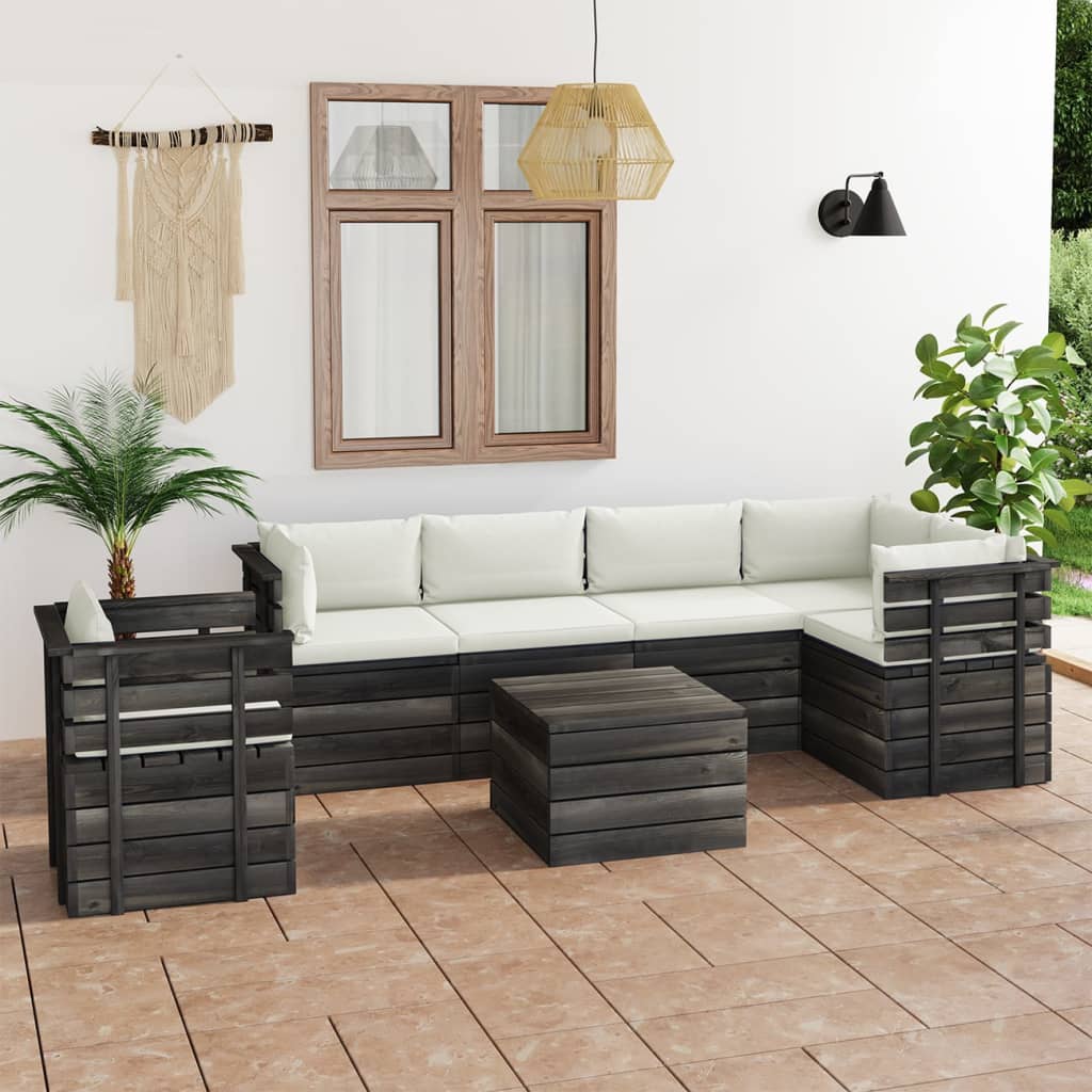 7 pcs conjunto lounge de paletes com almofadões pinho maciço