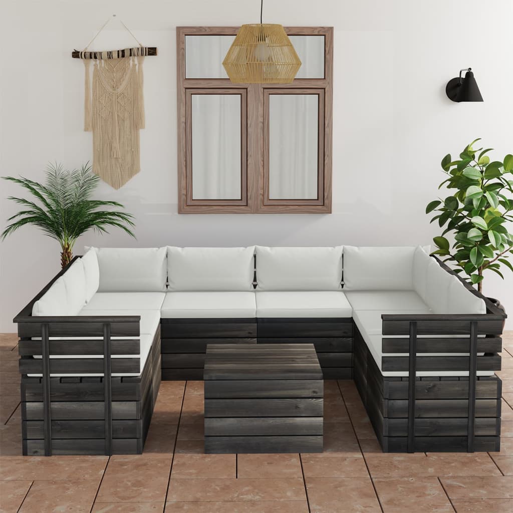 9 pcs conjunto lounge de paletes + almofadões madeira de pinho