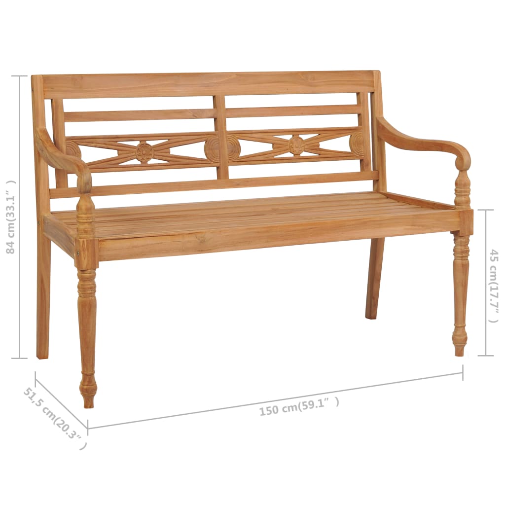 Banco Batávia c/ almofadão branco nata 150 cm teca maciça