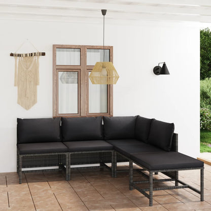 5 pcs conjunto lounge de jardim c/ almofadões vime PE cinzento