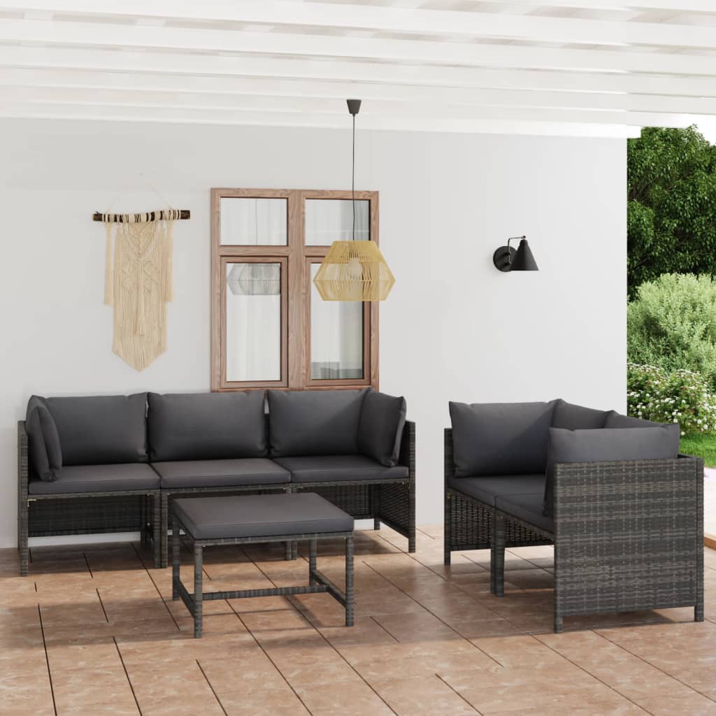 6 pcs conjunto lounge de jardim c/ almofadões vime PE cinzento