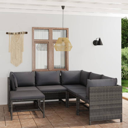 6 pcs conjunto lounge de jardim c/ almofadões vime PE cinzento