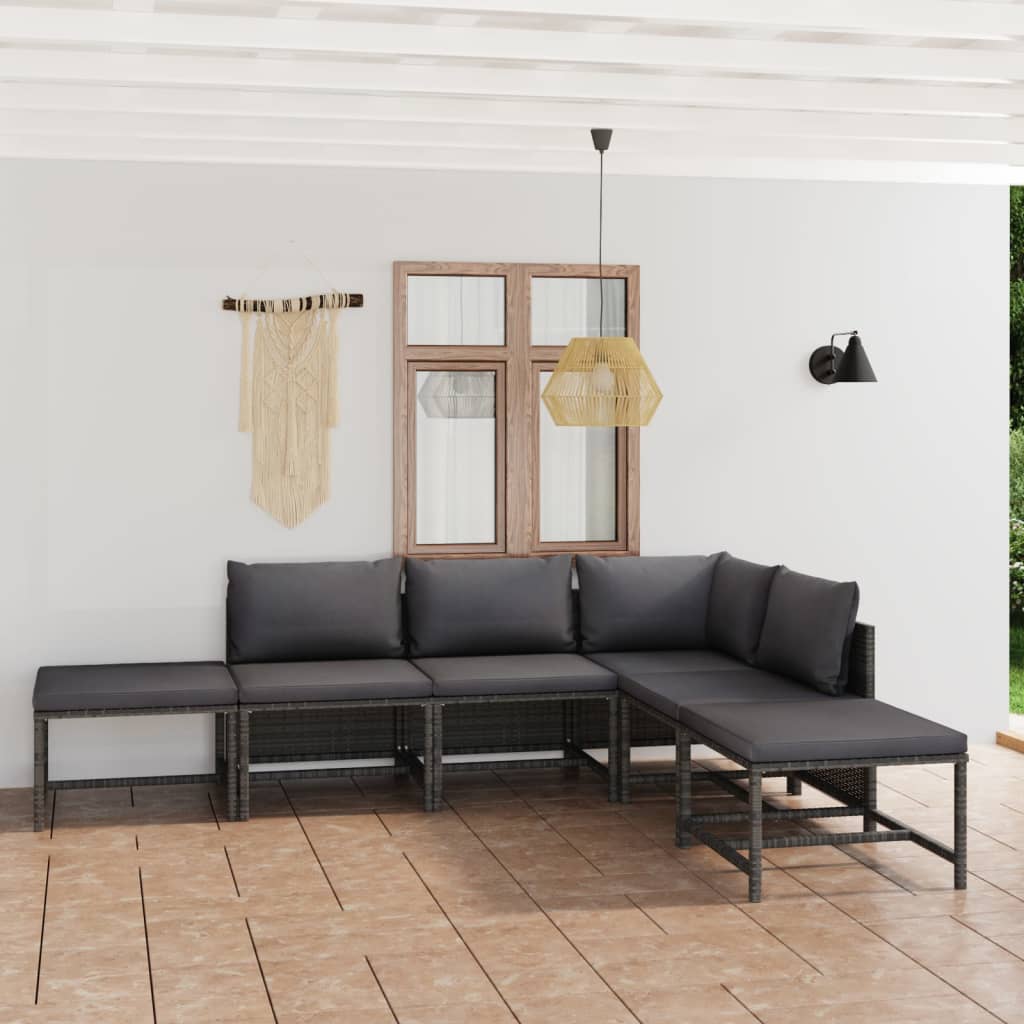 6 pcs conjunto lounge de jardim c/ almofadões vime PE cinzento