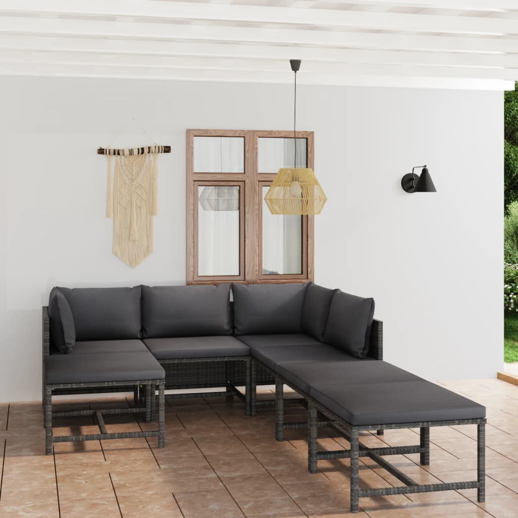 7 pcs conjunto lounge de jardim c/ almofadões vime PE cinzento