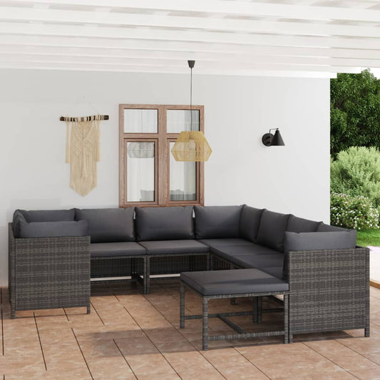 9 pcs conjunto lounge de jardim c/ almofadões vime PE cinzento