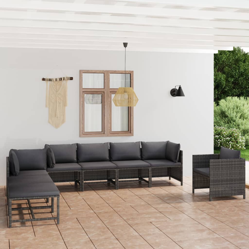 8 pcs conjunto lounge de jardim c/ almofadões vime PE cinzento