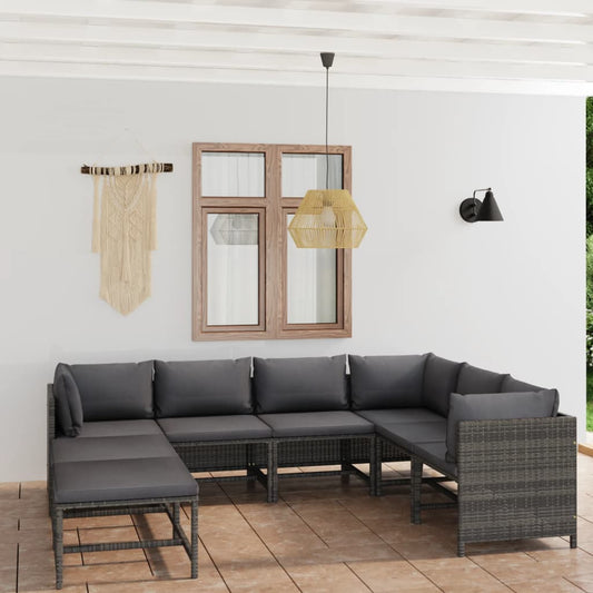 8 pcs conjunto lounge de jardim c/ almofadões vime PE cinzento