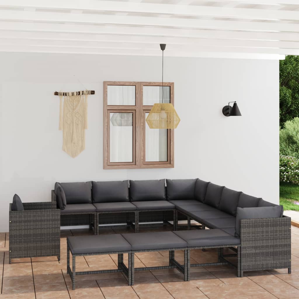 12 pcs conjunto lounge de jardim c/ almofadões vime PE cinzento