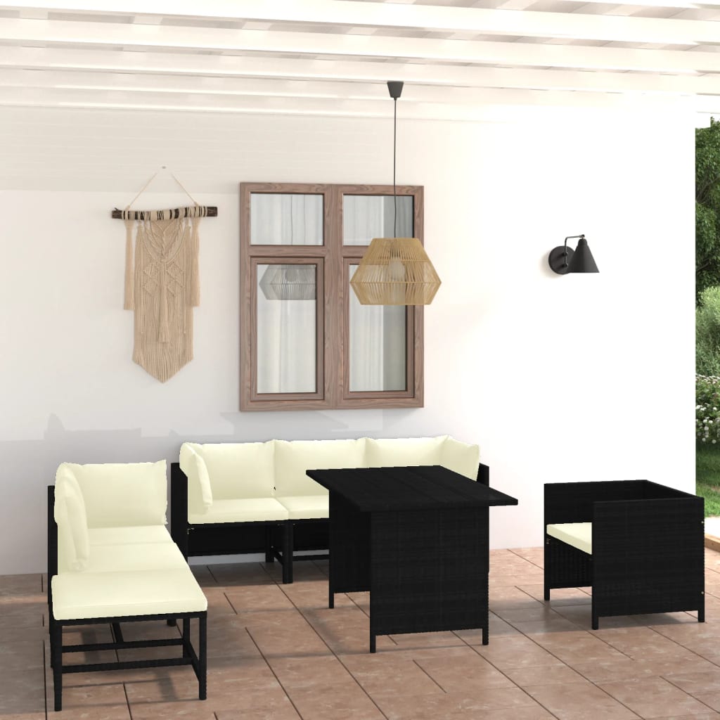 8 pcs conjunto lounge de jardim c/ almofadões vime PE preto