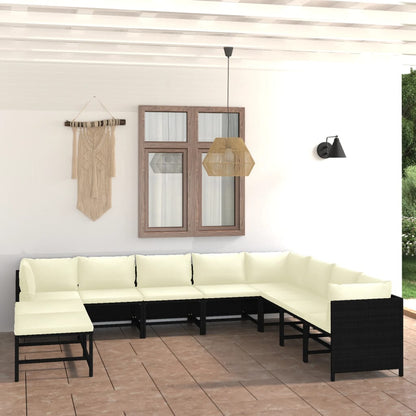 9 pcs conjunto lounge de jardim c/ almofadões vime PE preto