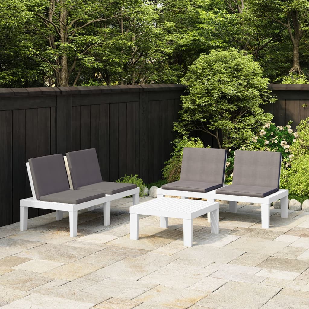 3 pcs conjunto lounge de jardim com almofadões plástico branco