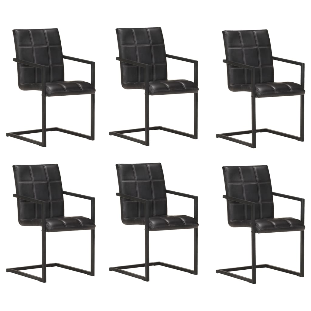 Cadeiras de jantar cantilever 6 pcs couro genuíno preto