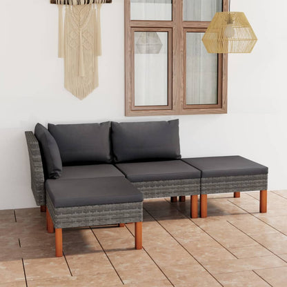 4 pcs conjunto lounge de jardim c/ almofadões vime PE cinzento