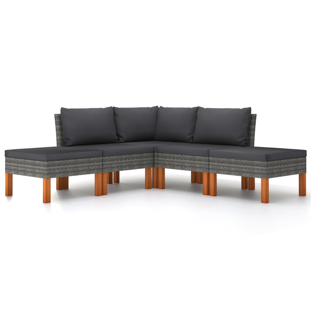 5 pcs conjunto lounge de jardim c/ almofadões vime PE cinzento