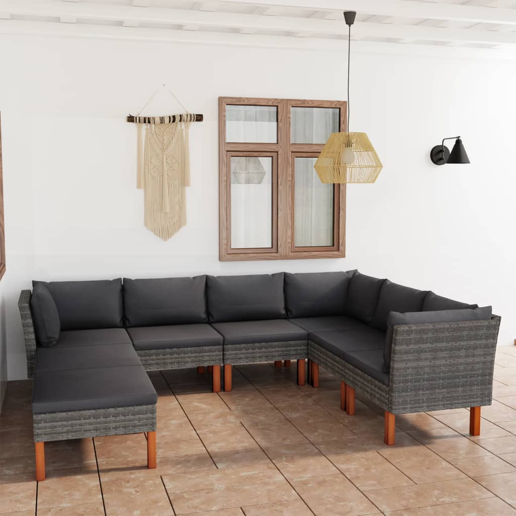 8 pcs conjunto lounge de jardim c/ almofadões vime PE cinzento