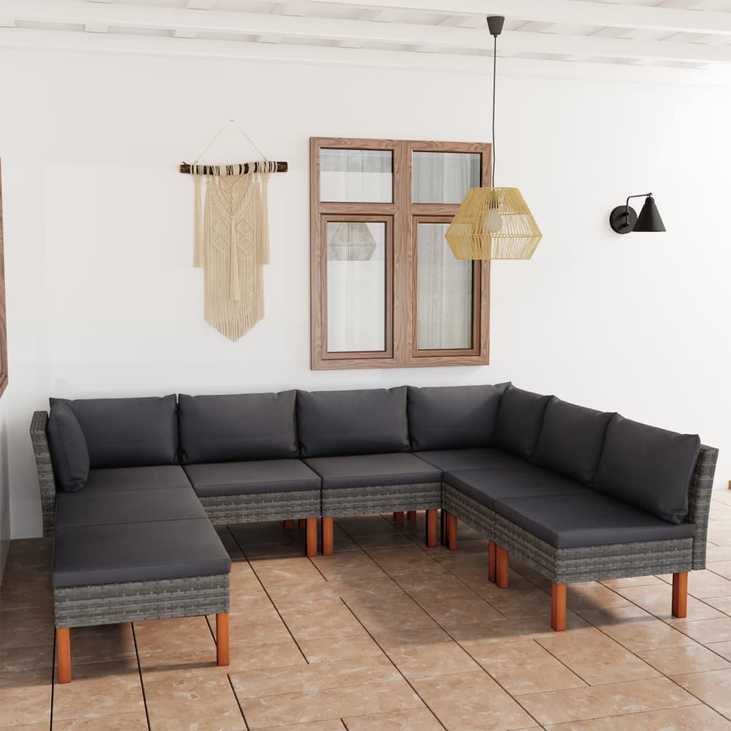 8 pcs conjunto lounge de jardim c/ almofadões vime PE cinzento