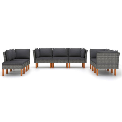 9 pcs conjunto lounge de jardim c/ almofadões vime PE cinzento