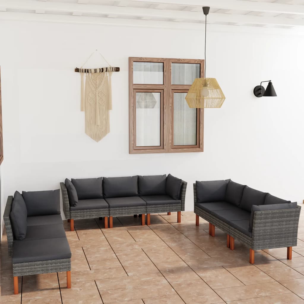 9 pcs conjunto lounge de jardim c/ almofadões vime PE cinzento