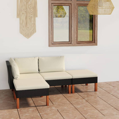 4 pcs conjunto lounge de jardim c/ almofadões vime PE preto