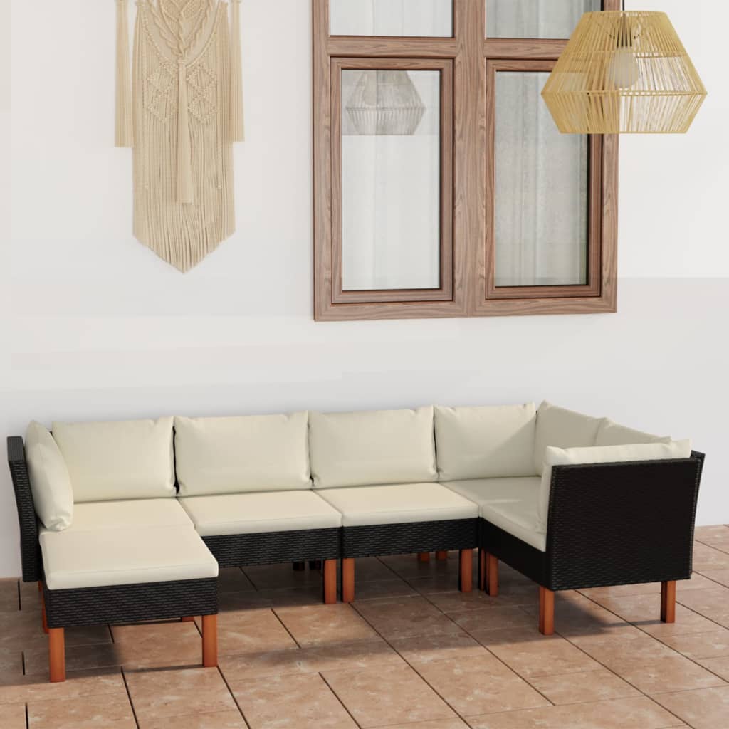 6 pcs conjunto lounge de jardim c/ almofadões vime PE preto