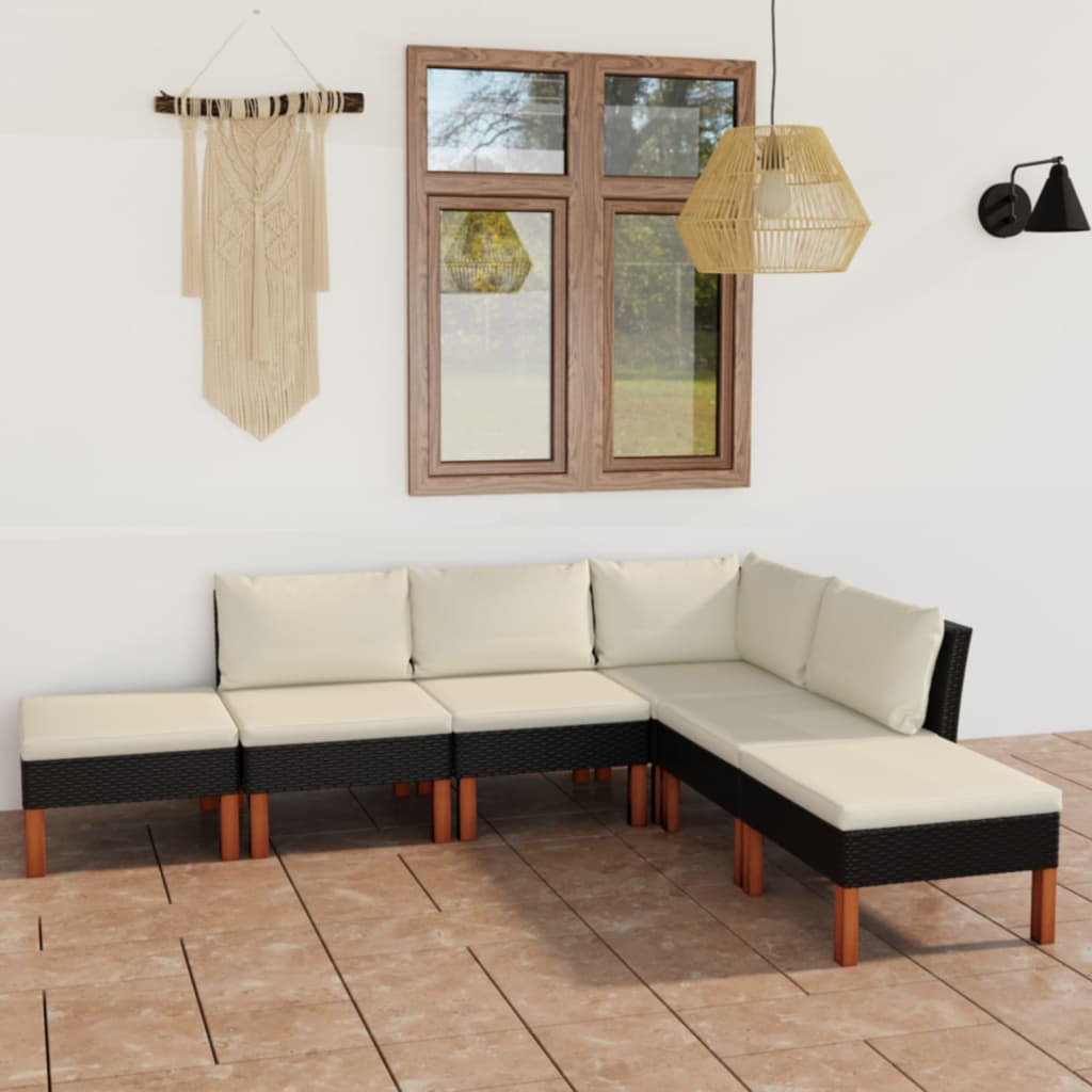 6 pcs conjunto lounge de jardim c/ almofadões vime PE preto