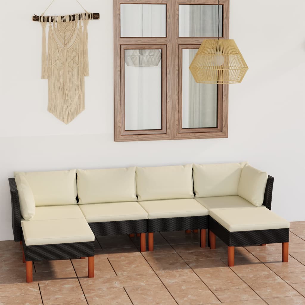 6 pcs conjunto lounge de jardim c/ almofadões vime PE preto