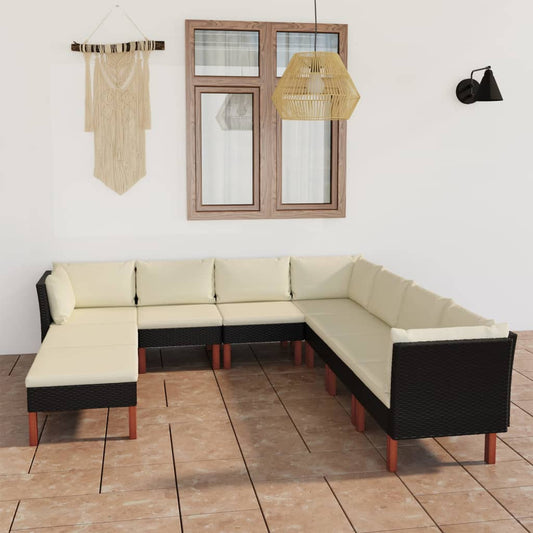 9 pcs conjunto lounge de jardim c/ almofadões vime PE preto