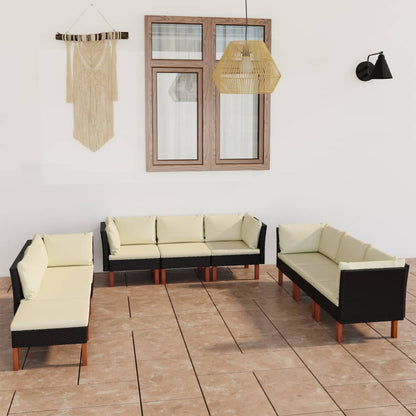 9 pcs conjunto lounge de jardim c/ almofadões vime PE preto