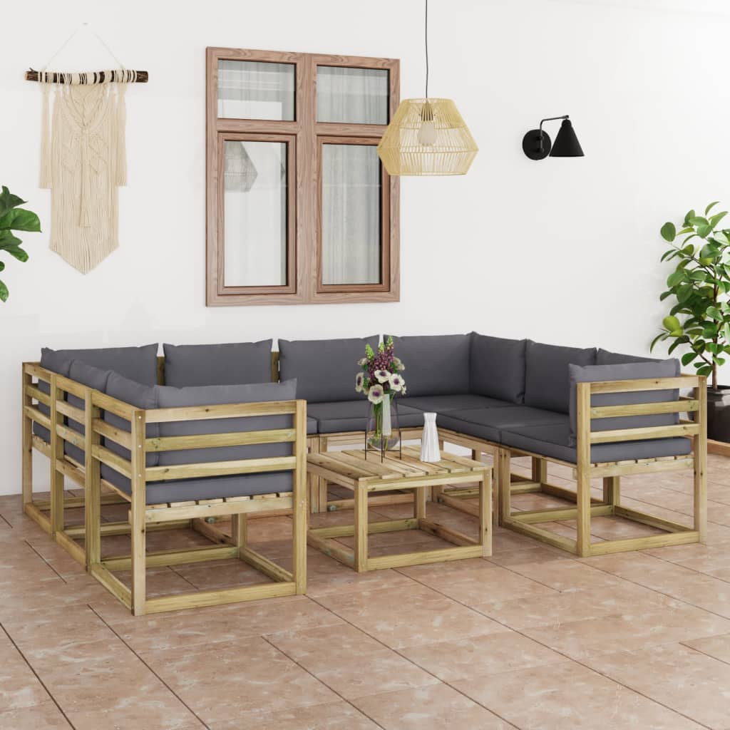 Conj. lounge de jardim 9 pcs com almofadões pinho impregnado